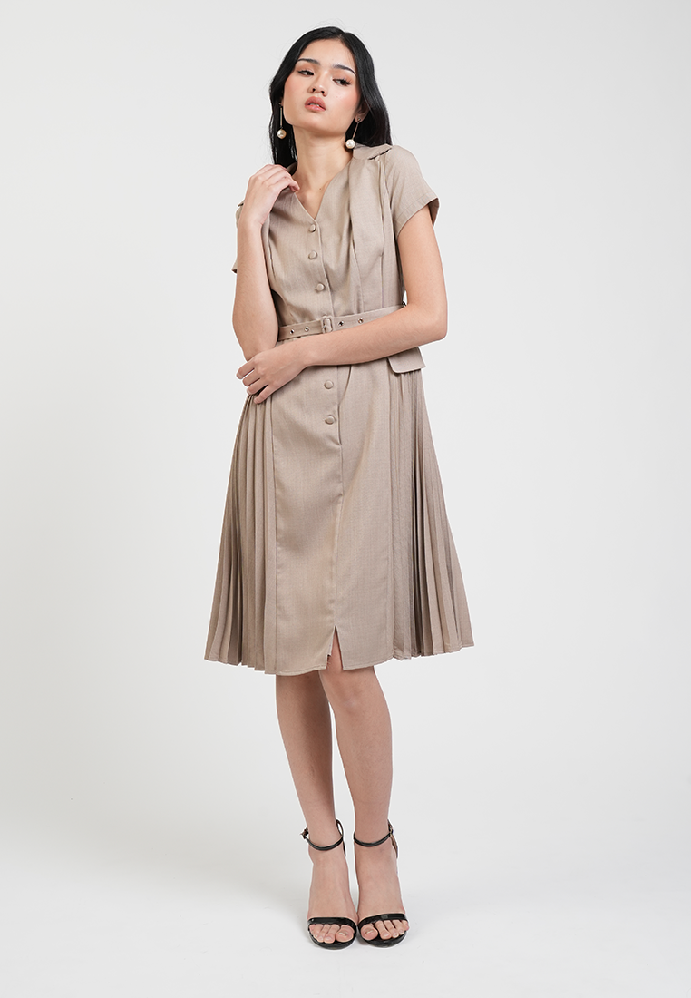 Claudette V-Neck Belted Pleated Hem Midi Dress