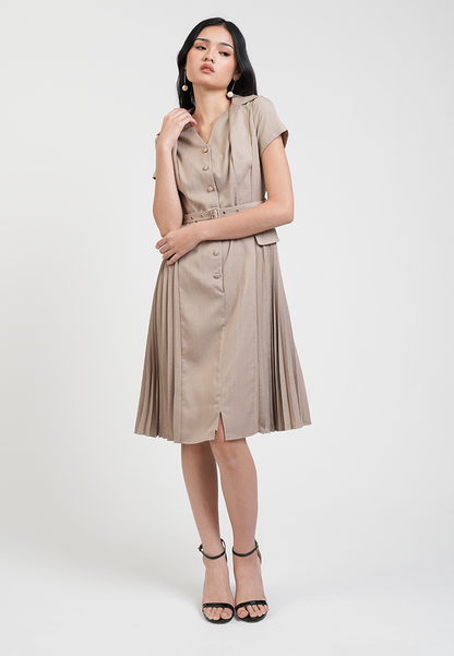 Claudette V-Neck Belted Pleated Hem Midi Dress