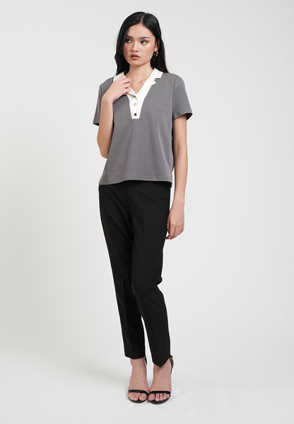 Vesper Button Placket Contrast-Collar Top