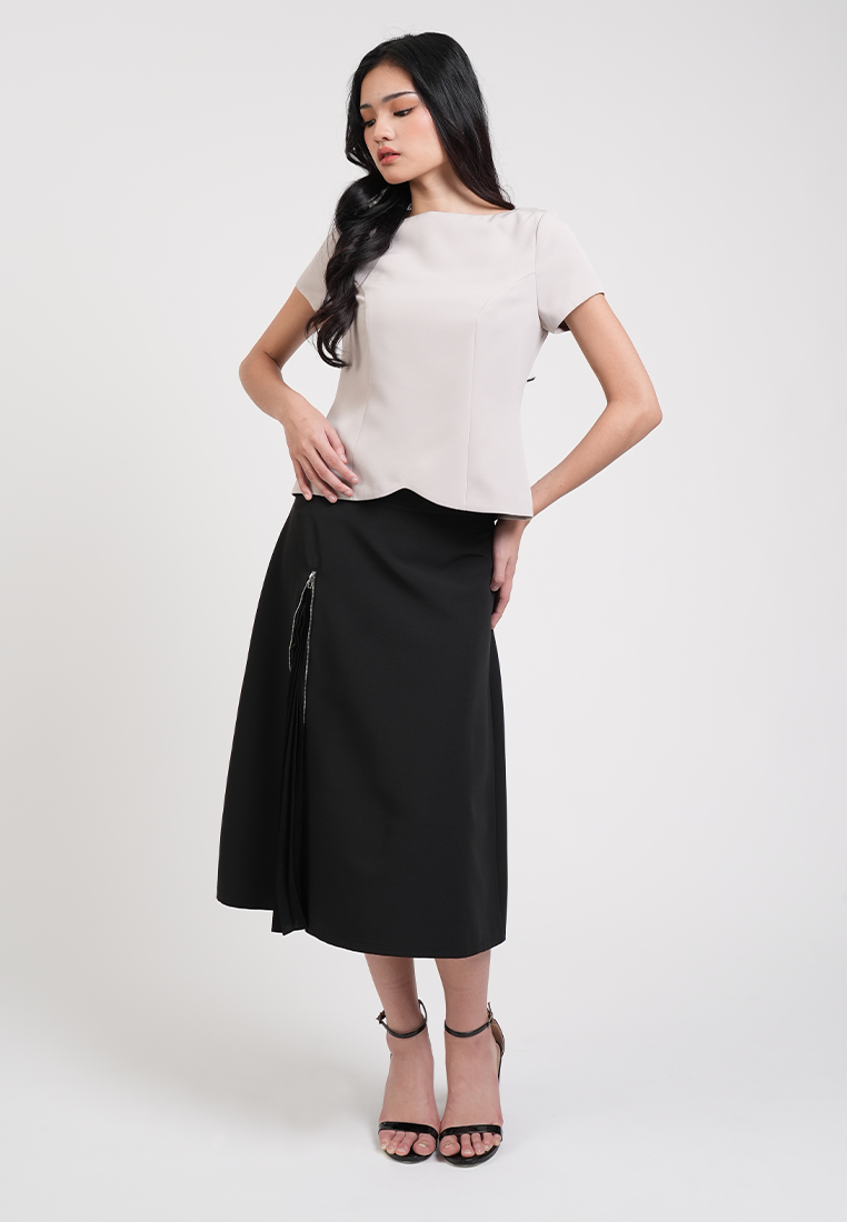 Roux Boat Neck Scalloped Hem Blouse
