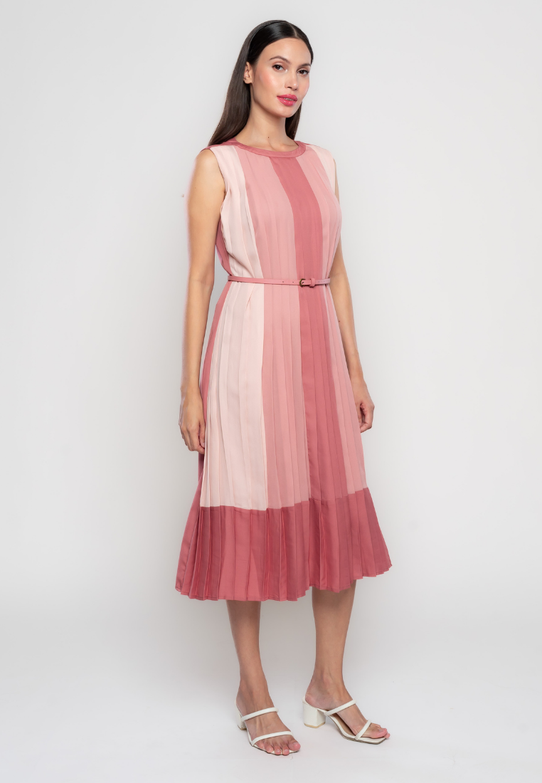 Rosalee Color Blocking Pleated Dress with Adjustable Belt