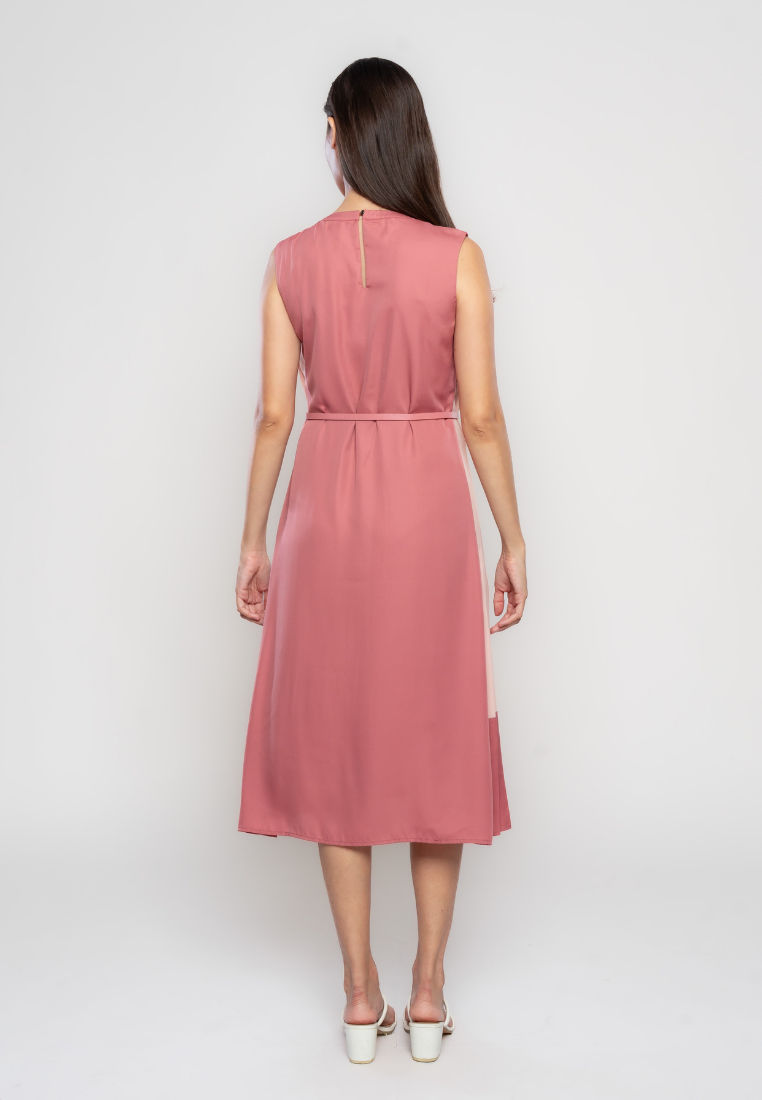 Rosalee Color Blocking Pleated Dress with Adjustable Belt