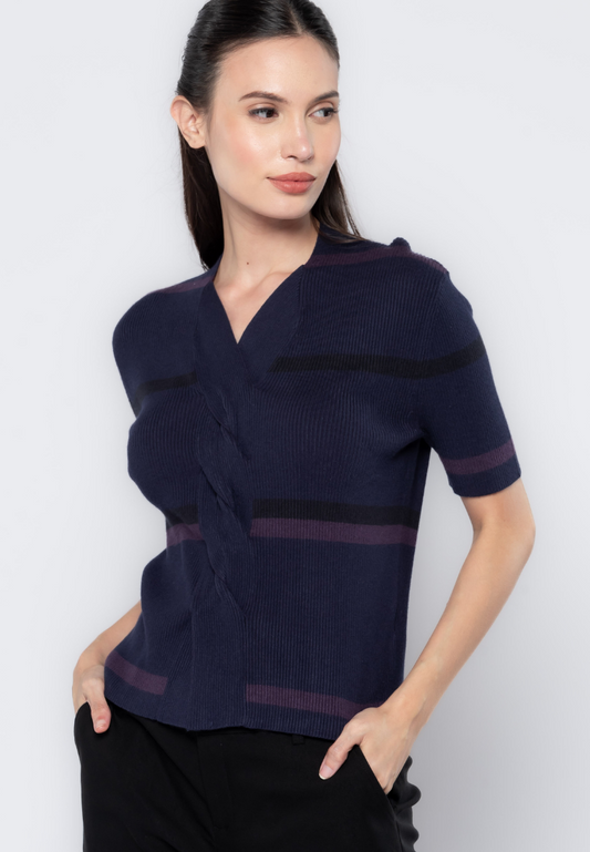 Front Twist Flat Knit Stripes Blouse