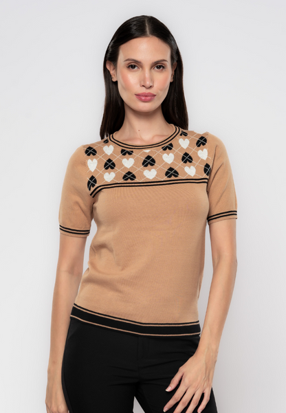 Kris Argyle Heart Patterned Yoke Knit Top