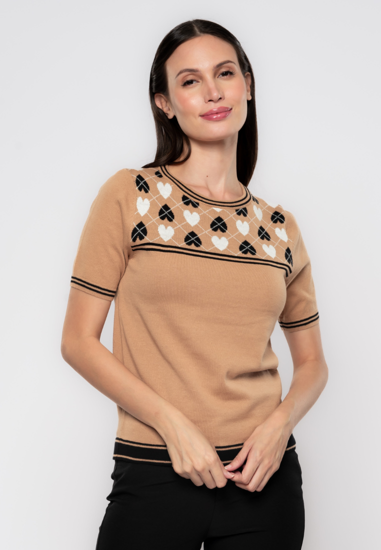 Kris Argyle Heart Patterned Yoke Knit Top