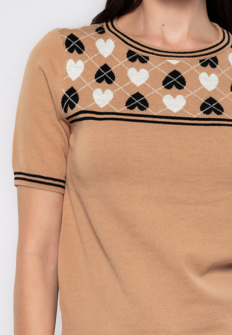 Kris Argyle Heart Patterned Yoke Knit Top