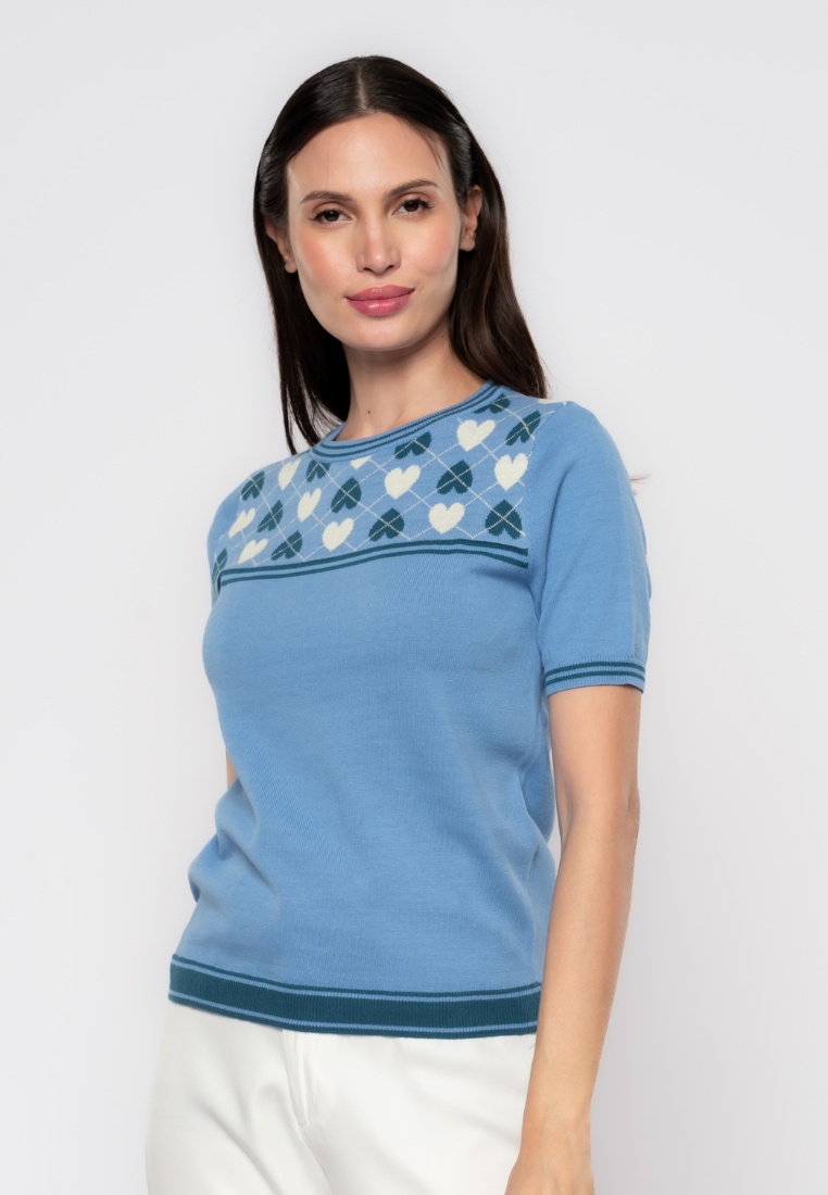 Kris Argyle Heart Patterned Yoke Knit Top