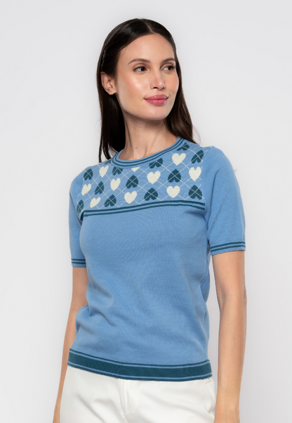 Kris Argyle Heart Patterned Yoke Knit Top