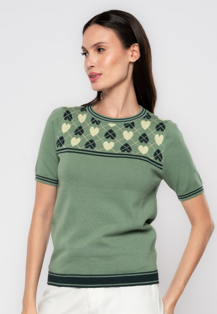 Kris Argyle Heart Patterned Yoke Knit Top