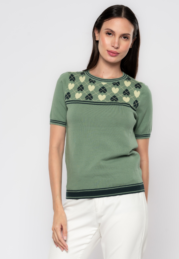 Kris Argyle Heart Patterned Yoke Knit Top