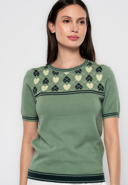 Kris Argyle Heart Patterned Yoke Knit Top