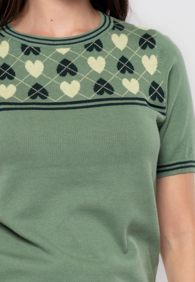 Kris Argyle Heart Patterned Yoke Knit Top