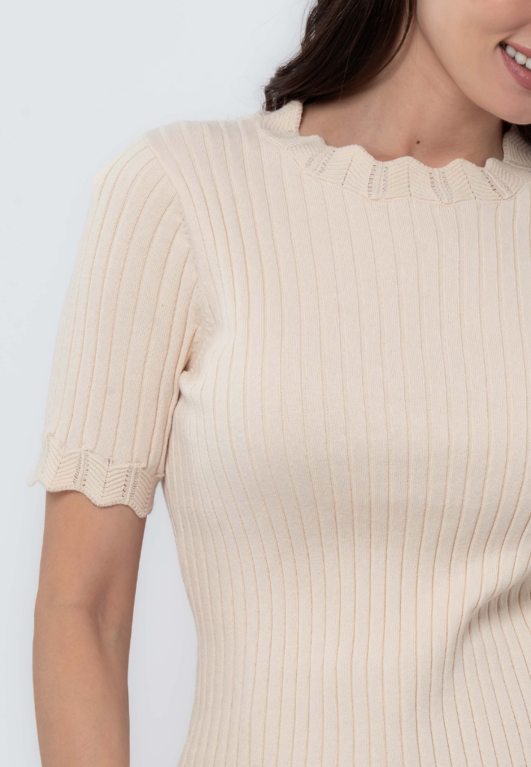 Rib Knit Top with Scalloped Sleeves and Neckline