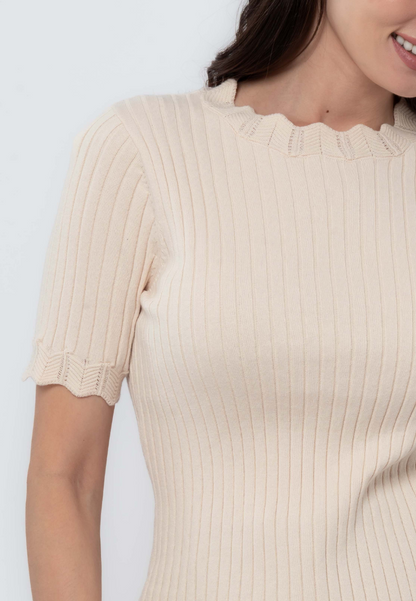 Rib Knit Top with Scalloped Sleeves and Neckline