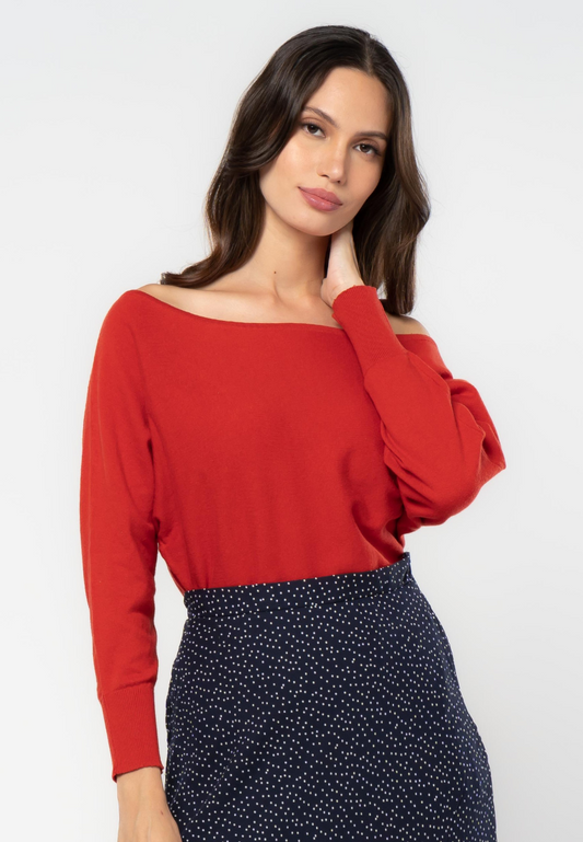 Off-Shoulder Dolman Long Sleeve Flatknit Top