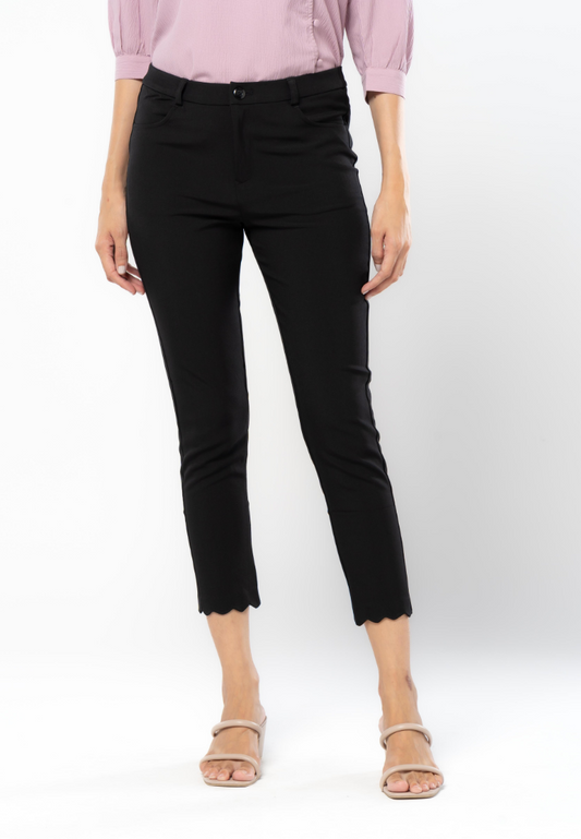 Casual Slim Cropped Pants with Scalloped Hem