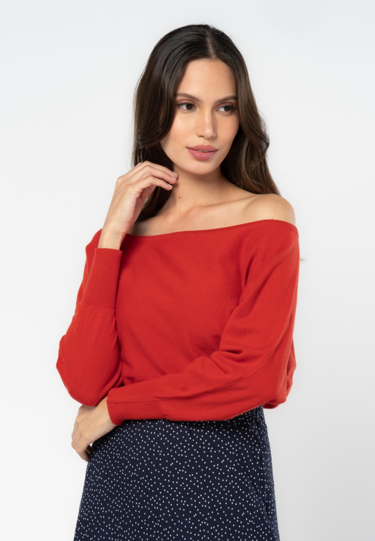 Off-Shoulder Dolman Long Sleeve Flatknit Top