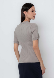 Rib Knit Top with Scalloped Sleeves and Neckline
