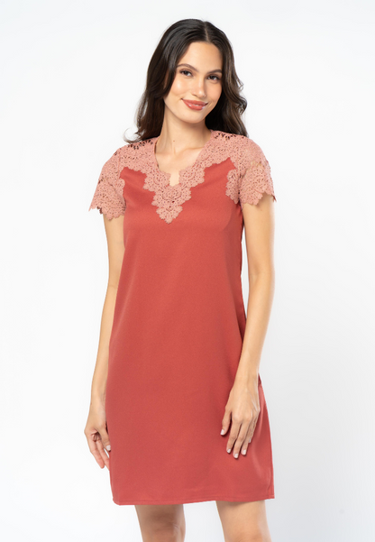 Plain Shift Dress with Lace Sleeve and Neckline