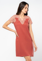 Plain Shift Dress with Lace Sleeve and Neckline