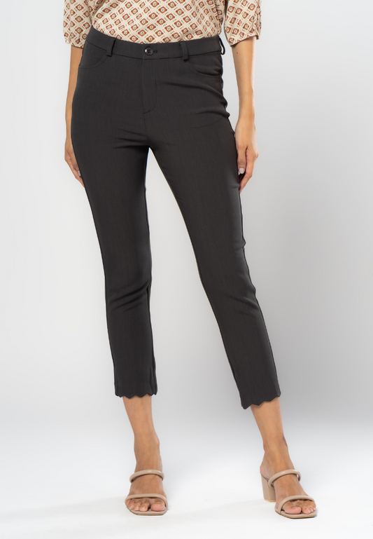 Casual Slim Cropped Pants with Scalloped Hem