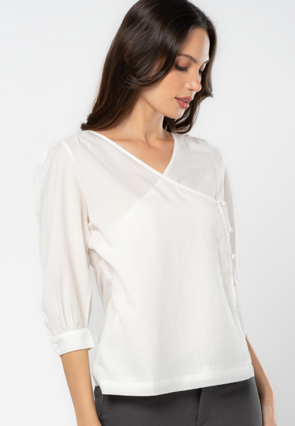 Overlap 3/4 Sleeve Blouse with Button Detail