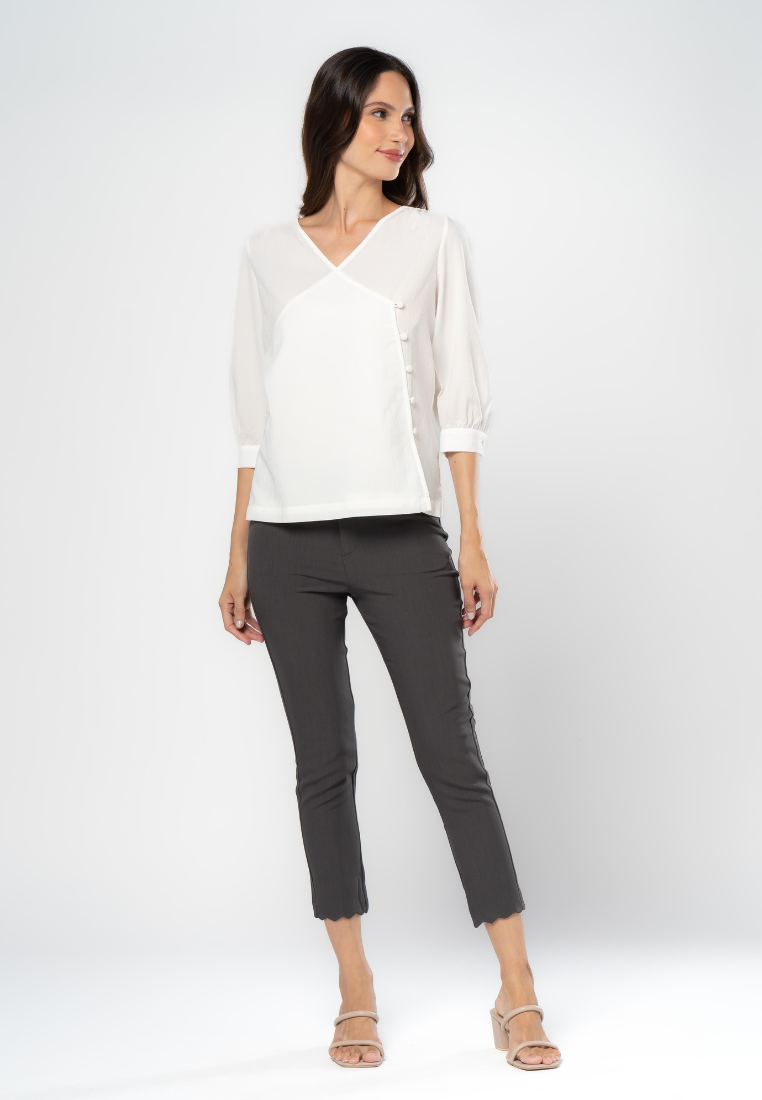 Overlap 3/4 Sleeve Blouse with Button Detail