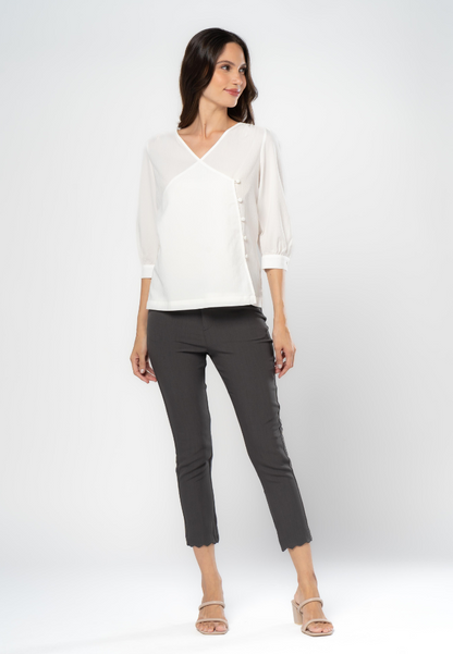 Overlap 3/4 Sleeve Blouse with Button Detail