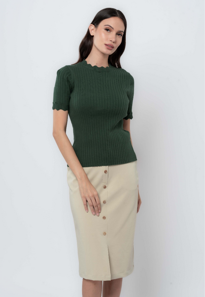 Rib Knit Top with Scalloped Sleeves and Neckline