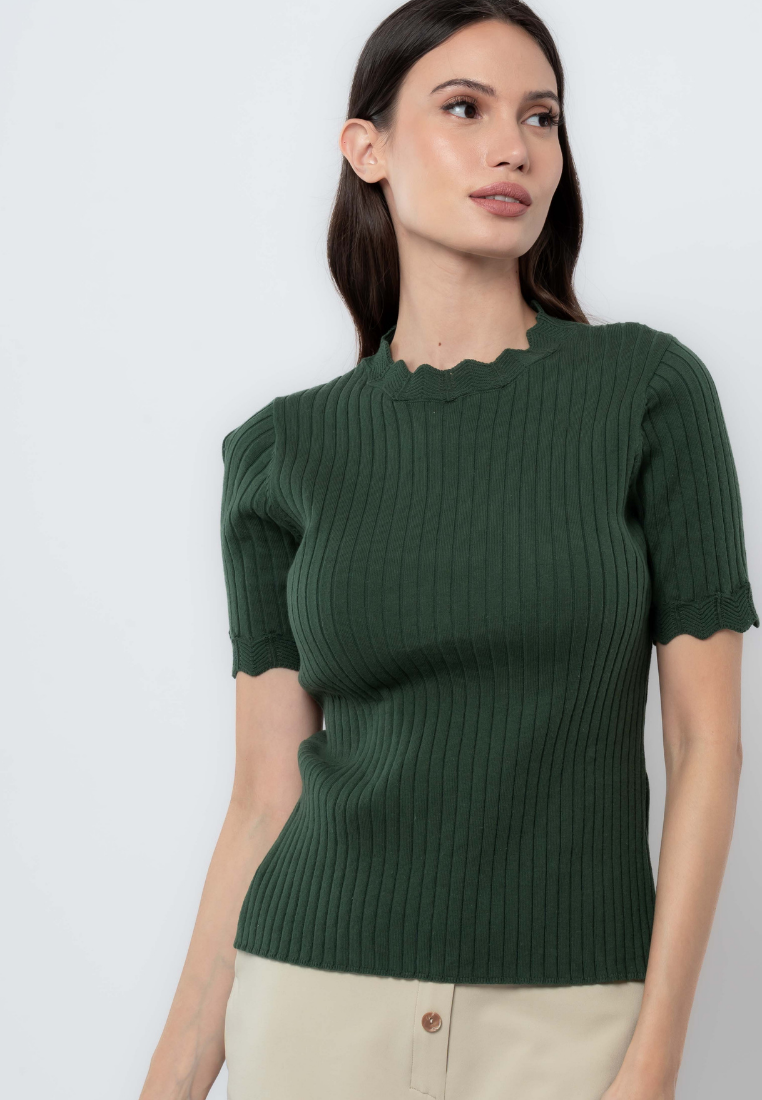 Rib Knit Top with Scalloped Sleeves and Neckline